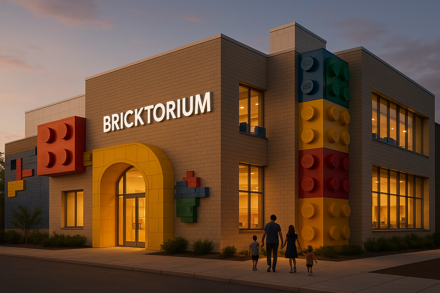 LEGO Museum "Bricktorium" von Aussen in abendlicher Stimmung mit Famile die zum Eingang geht.